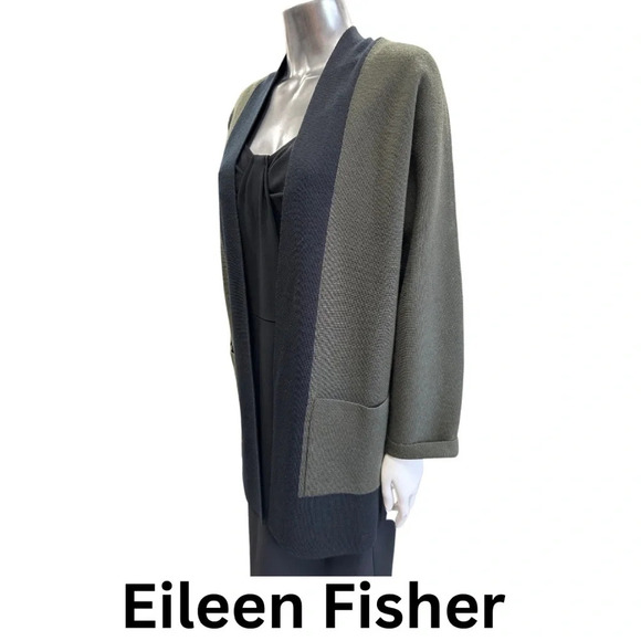 Eileen Fisher Cardigan Sweater Pockets Collarless Merino Wool Dark Green XS - Picture 3 of 6